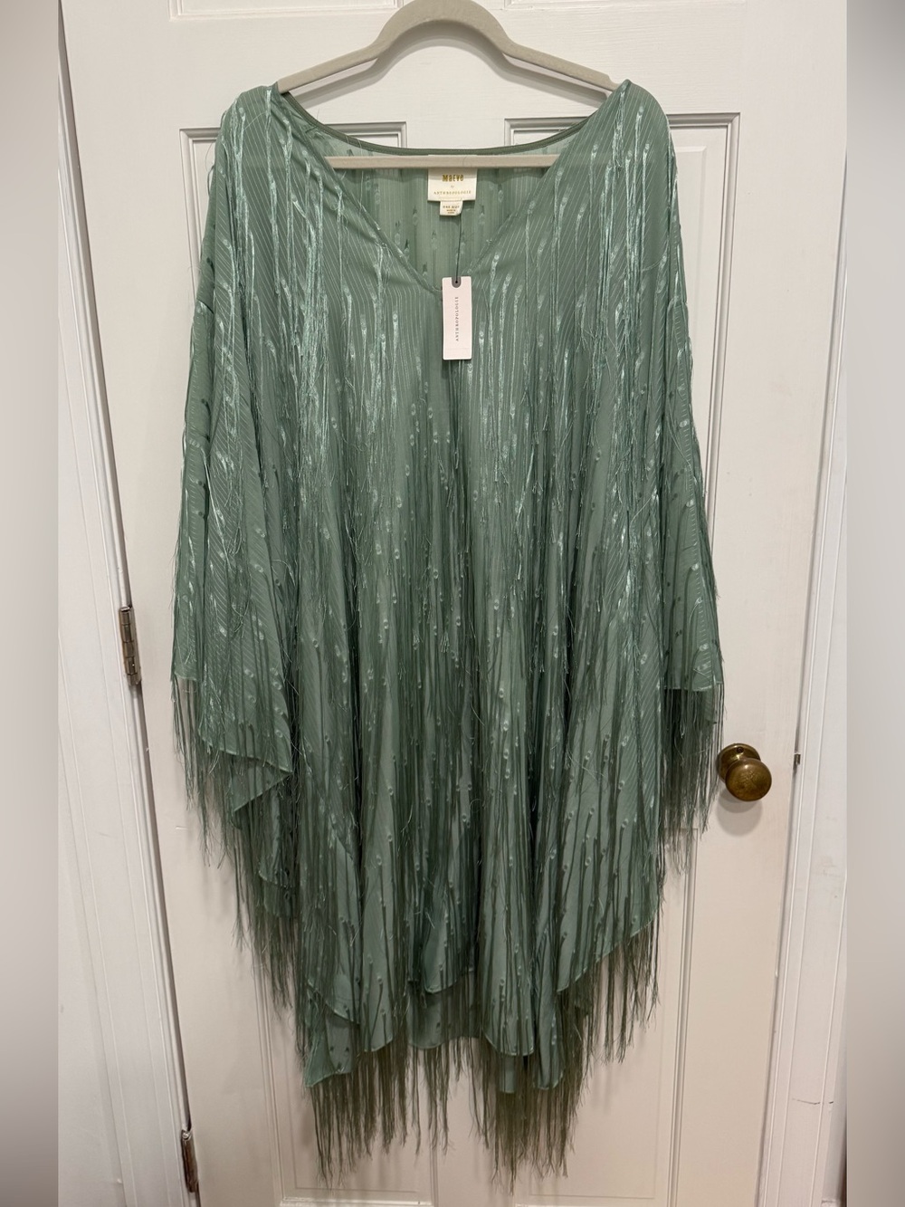 Anthropologie Sage Green Fringe V-Neck Dress